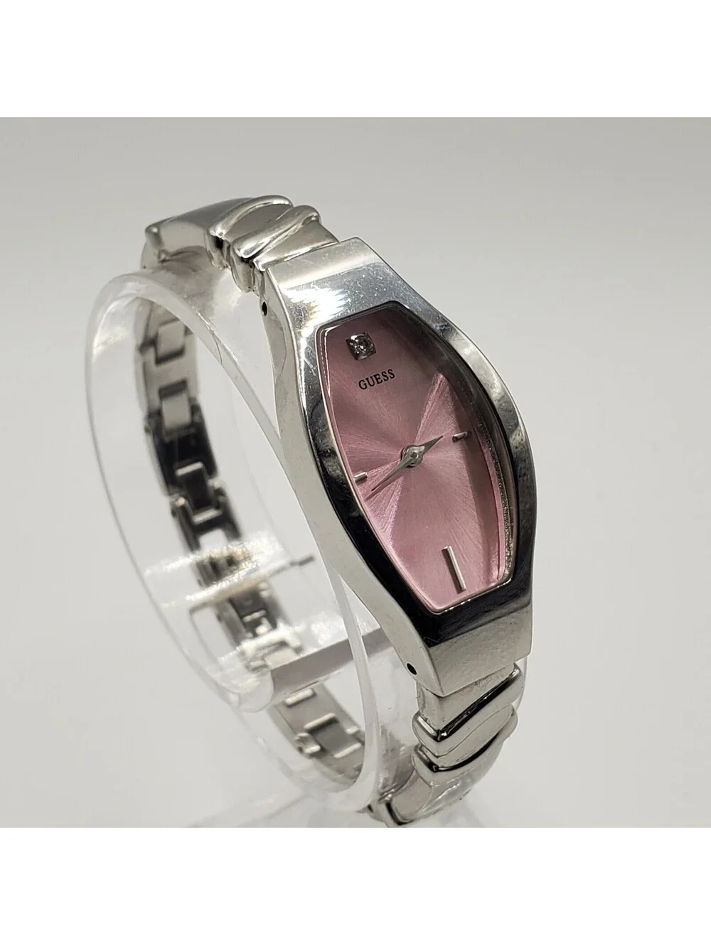 Guess Pink Dial Rectangle Womens Watch  17mm Silver Tone New Battery